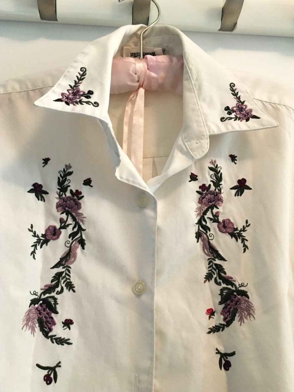 White button down shirt, size small, floral embroidery